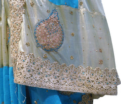 SMSAREE Blue & Cream Designer Wedding Partywear Silk Zari Thread & Stone Hand Embroidery Work Bridal Saree Sari With Blouse Piece F168