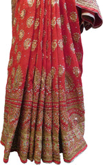 SMSAREE Red Designer Wedding Partywear Georgette Zari Cutdana Thread & Stone Hand Embroidery Work Bridal Saree Sari With Blouse Piece F170