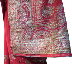 SMSAREE Red Designer Wedding Partywear Georgette Zari Cutdana Thread & Stone Hand Embroidery Work Bridal Saree Sari With Blouse Piece F170