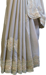 SMSAREE Grey Designer Wedding Partywear Rangoli (Crepe) Zari Pearl Thread & Stone Hand Embroidery Work Bridal Saree Sari With Blouse Piece F171
