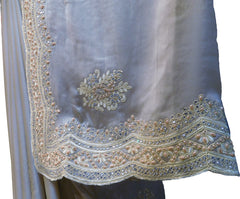 SMSAREE Grey Designer Wedding Partywear Rangoli (Crepe) Zari Pearl Thread & Stone Hand Embroidery Work Bridal Saree Sari With Blouse Piece F171