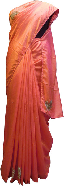 SMSAREE Orange Designer Wedding Partywear Silk Cutdana Beads Sequence & Stone Hand Embroidery Work Bridal Saree Sari With Blouse Piece F172