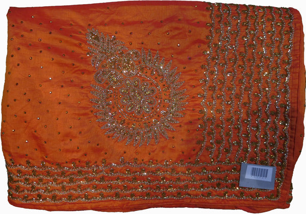 SMSAREE Orange Designer Wedding Partywear Silk Cutdana Zari & Stone Hand Embroidery Work Bridal Saree Sari With Blouse Piece F174