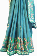 SMSAREE Green Designer Wedding Partywear Crepe (Chinon) Thread Hand Embroidery Work Bridal Saree Sari With Blouse Piece F176