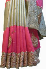 SMSAREE Pink & Cream Designer Wedding Partywear Georgette Cutdana Zari Thread & Stone Hand Embroidery Work Bridal Saree Sari With Blouse Piece F178