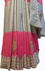 SMSAREE Pink & Cream Designer Wedding Partywear Georgette Cutdana Zari Thread & Stone Hand Embroidery Work Bridal Saree Sari With Blouse Piece F179
