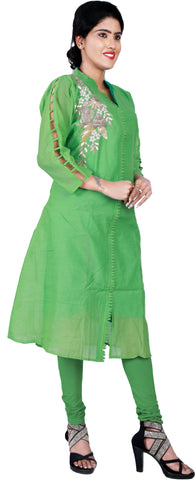 SMSAREE Green Designer Casual Partywear Cotton (Chanderi) Gota & Zari Hand Embroidery Work Stylish Women Kurti Kurta With Free Matching Leggings F183