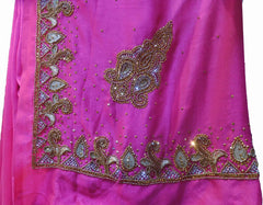 SMSAREE Pink Designer Wedding Partywear Silk (Vichitra) Zari Cutdana Thread Beads & Stone Hand Embroidery Work Bridal Saree Sari With Blouse Piece F186