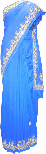 SMSAREE Blue Designer Wedding Partywear Silk (Vichitra) Zari Cutdana Thread Beads & Stone Hand Embroidery Work Bridal Saree Sari With Blouse Piece F189