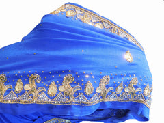 SMSAREE Blue Designer Wedding Partywear Silk (Vichitra) Zari Cutdana Thread Beads & Stone Hand Embroidery Work Bridal Saree Sari With Blouse Piece F189