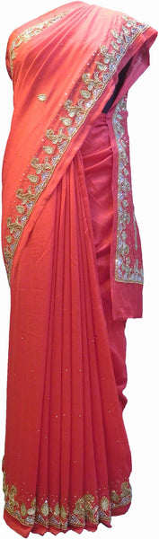 SMSAREE Red Designer Wedding Partywear Silk (Vichitra) Zari Cutdana Thread Beads & Stone Hand Embroidery Work Bridal Saree Sari With Blouse Piece F190