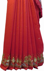 SMSAREE Red Designer Wedding Partywear Silk (Vichitra) Zari Cutdana Thread Beads & Stone Hand Embroidery Work Bridal Saree Sari With Blouse Piece F190