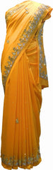 SMSAREE Yellow Designer Wedding Partywear Silk (Vichitra) Zari Cutdana Thread Beads & Stone Hand Embroidery Work Bridal Saree Sari With Blouse Piece F191