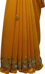 SMSAREE Yellow Designer Wedding Partywear Silk (Vichitra) Zari Cutdana Thread Beads & Stone Hand Embroidery Work Bridal Saree Sari With Blouse Piece F191