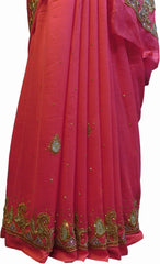 SMSAREE Pink Designer Wedding Partywear Silk (Vichitra) Zari Cutdana Thread Beads & Stone Hand Embroidery Work Bridal Saree Sari With Blouse Piece F192
