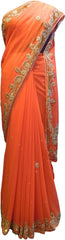 SMSAREE Orange Designer Wedding Partywear Georgette Beads & Stone Hand Embroidery Work Bridal Saree Sari With Blouse Piece F193