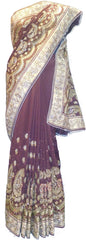 SMSAREE Coffee Brown Designer Wedding Partywear Silk (Vichitra) Zari Cutdana Thread & Stone Hand Embroidery Work Bridal Saree Sari With Blouse Piece F195