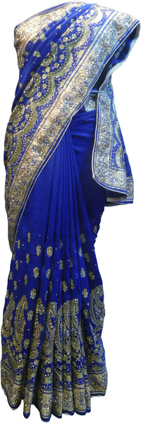 SMSAREE  blue  Designer Wedding Partywear Silk (Vichitra) Zari Cutdana Thread & Stone Hand Embroidery Work Bridal Saree Sari With Blouse Piece F196
