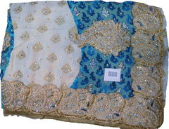 SMSAREE Turquoise & Cream Designer Wedding Partywear Brasso Zari Pearl & Stone Hand Embroidery Work Bridal Saree Sari With Blouse Piece F197