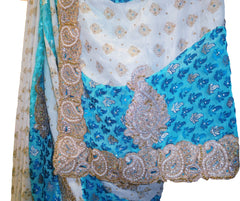 SMSAREE Turquoise & Cream Designer Wedding Partywear Brasso Zari Pearl & Stone Hand Embroidery Work Bridal Saree Sari With Blouse Piece F197