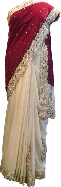SMSAREE Red & Cream Designer Wedding Partywear Velvet & Lycra Zari Thread & Stone Hand Embroidery Work Bridal Saree Sari With Blouse Piece F198