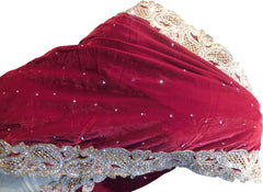 SMSAREE Red & Cream Designer Wedding Partywear Velvet & Lycra Zari Thread & Stone Hand Embroidery Work Bridal Saree Sari With Blouse Piece F198