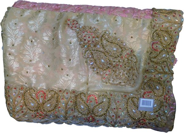 SMSAREE Pink & Cream Designer Wedding Partywear Brasso & Net Zari Thread Pearl & Stone Hand Embroidery Work Bridal Saree Sari With Blouse Piece F199
