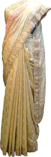 SMSAREE Pink & Cream Designer Wedding Partywear Brasso & Net Zari Thread Pearl & Stone Hand Embroidery Work Bridal Saree Sari With Blouse Piece F199