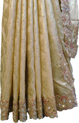 SMSAREE Pink & Cream Designer Wedding Partywear Brasso & Net Zari Thread Pearl & Stone Hand Embroidery Work Bridal Saree Sari With Blouse Piece F199