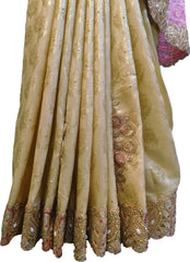 SMSAREE Pink & Cream Designer Wedding Partywear Brasso & Net Zari Thread Pearl & Stone Hand Embroidery Work Bridal Saree Sari With Blouse Piece F200