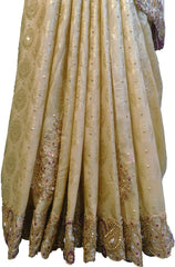 SMSAREE Pink & Cream Designer Wedding Partywear Brasso & Net Zari Thread Pearl & Stone Hand Embroidery Work Bridal Saree Sari With Blouse Piece F201
