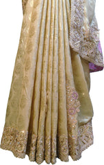 SMSAREE Pink & Cream Designer Wedding Partywear Brasso & Net Zari Thread Pearl & Stone Hand Embroidery Work Bridal Saree Sari With Blouse Piece F202