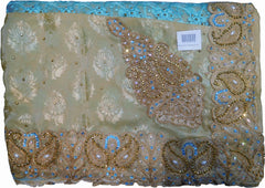 SMSAREE Turquoise & Cream Designer Wedding Partywear Brasso & Net Zari Thread Pearl & Stone Hand Embroidery Work Bridal Saree Sari With Blouse Piece F204