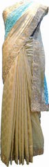 SMSAREE Turquoise & Cream Designer Wedding Partywear Brasso & Net Zari Thread Pearl & Stone Hand Embroidery Work Bridal Saree Sari With Blouse Piece F204