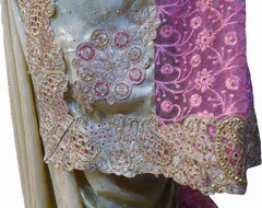 SMSAREE Pink & Cream Designer Wedding Partywear Brasso & Net Zari Thread Pearl & Stone Hand Embroidery Work Bridal Saree Sari With Blouse Piece F205