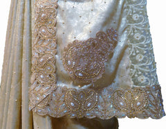SMSAREE Pink & Cream Designer Wedding Partywear Brasso & Net Zari Thread Pearl & Stone Hand Embroidery Work Bridal Saree Sari With Blouse Piece F206