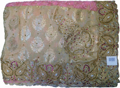 SMSAREE Pink & Cream Designer Wedding Partywear Brasso & Net Zari Thread Pearl & Stone Hand Embroidery Work Bridal Saree Sari With Blouse Piece F207