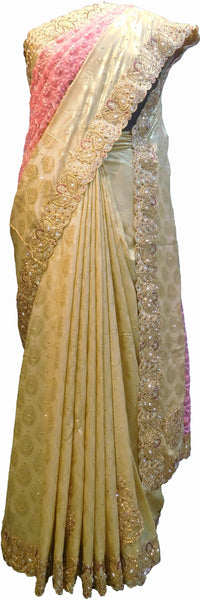 SMSAREE Pink & Cream Designer Wedding Partywear Brasso & Net Zari Thread Pearl & Stone Hand Embroidery Work Bridal Saree Sari With Blouse Piece F207
