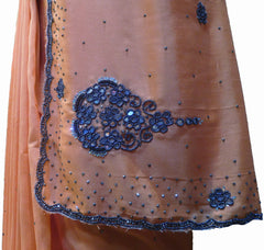 SMSAREE Peach Designer Wedding Partywear Crepe (Rangoli) Stone Beads & Mirror Hand Embroidery Work Bridal Saree Sari With Blouse Piece F208