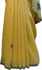 SMSAREE Yellow Designer Wedding Partywear Crepe (Rangoli) Stone Beads & Mirror Hand Embroidery Work Bridal Saree Sari With Blouse Piece F210