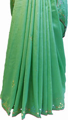 SMSAREE Green Designer Wedding Partywear Crepe (Rangoli) Stone Beads Thread & Mirror Hand Embroidery Work Bridal Saree Sari With Blouse Piece F211