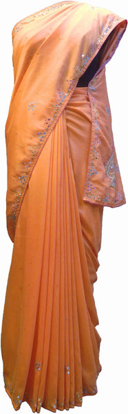 SMSAREE Peach Designer Wedding Partywear Crepe (Rangoli) Stone Beads Thread & Mirror Hand Embroidery Work Bridal Saree Sari With Blouse Piece F212