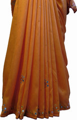 SMSAREE Peach Designer Wedding Partywear Crepe (Rangoli) Stone Beads Thread & Mirror Hand Embroidery Work Bridal Saree Sari With Blouse Piece F212