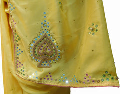 SMSAREE Yellow Designer Wedding Partywear Crepe (Rangoli) Stone Beads Thread & Mirror Hand Embroidery Work Bridal Saree Sari With Blouse Piece F213