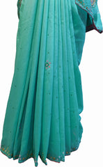 SMSAREE Turquoise Designer Wedding Partywear Crepe (Rangoli) Stone Beads Thread & Mirror Hand Embroidery Work Bridal Saree Sari With Blouse Piece F214