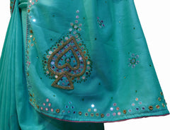 SMSAREE Turquoise Designer Wedding Partywear Crepe (Rangoli) Stone Beads Thread & Mirror Hand Embroidery Work Bridal Saree Sari With Blouse Piece F214