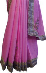 SMSAREE Pink Designer Wedding Partywear Georgette Stone Beads Zari Thread & Bullion Hand Embroidery Work Bridal Saree Sari With Blouse Piece F216
