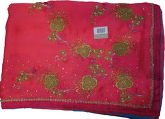 SMSAREE Pink Designer Wedding Partywear Crepe (Rangoli) Stone Beads Zari Sequence & Bullion Hand Embroidery Work Bridal Saree Sari With Blouse Piece F218