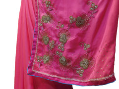 SMSAREE Pink Designer Wedding Partywear Crepe (Rangoli) Stone Beads Zari Sequence & Bullion Hand Embroidery Work Bridal Saree Sari With Blouse Piece F218