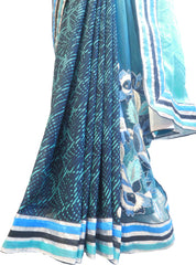 SMSAREE Turquoise & Blue Designer Wedding Partywear Pure Georgette & Net Stone Beads Zari Sequence & Bullion Hand Embroidery Work Bridal Saree Sari With Blouse Piece F222